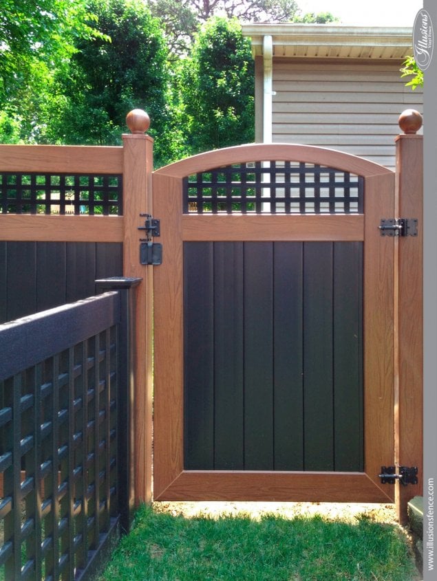black and wood grain pvc vinyl accent gate with lattice from illusions fence