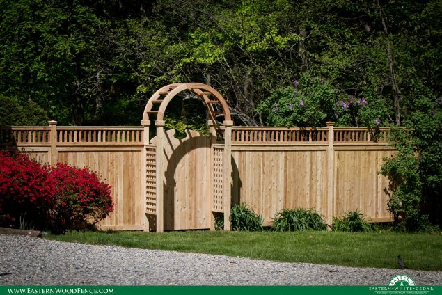 real wood accent gate and arbor from eastern white cedar brand wood fence