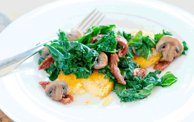 Kale, Mushroom and Tomato Saute with Polenta