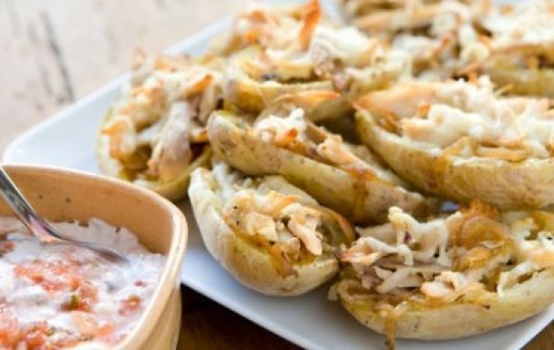 Stuffed Potato Skins with Roasted Chicken, Onions and Sour Cream