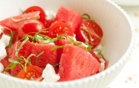 Watermelon Salad with Tomatoes, Goat Cheese and Basil