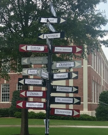 Mileage sign on the University of Troy campus