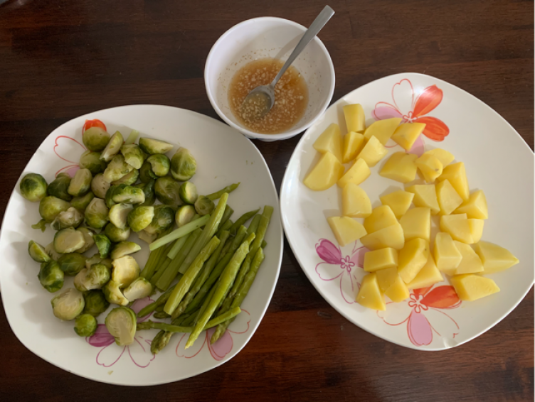 BRUSSELS SPROUTS AND  ASPARAGUS IN MAPLE CAYENNE