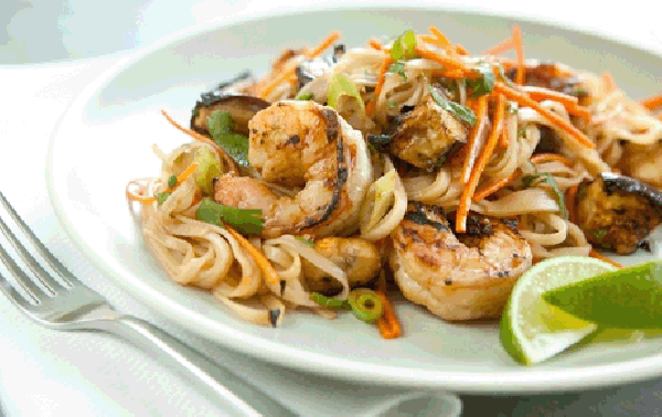 Grilled Shrimp and Eggplant Noodle Bowels